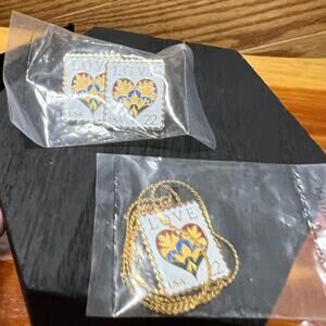 The March Co Vintage NEW Love 22 Cent Stamp Earrings & Necklace Set Heart USA